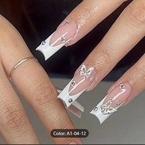 24pcs Glossy Long Square White French Tip Press On Nails With Butterfly Rhinesto